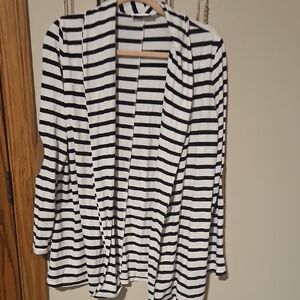 Tickled Teal Black and White Striped Open-Front Cardigan